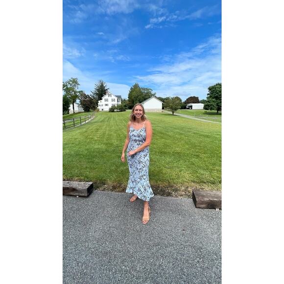 THANKOON COLLECTIVE Blue Shift V-Neck Floral Leaf Print Midi Dress Size 14 - Picture 4 of 12